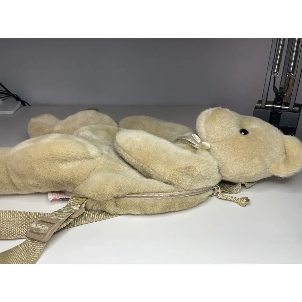 Vintage Mango Teddy Bear Backpack Plush 17” Brown Tan Beige Bow Stuffed Bag